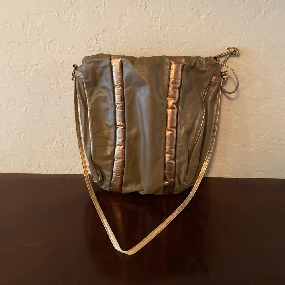 Vintage Karen 1980's large leather bucket bag Drawstring crossbody Dark Bronze